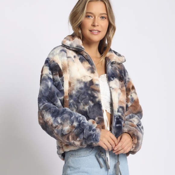 Blue and Brown Fuzzy Tie Dye Zip Up Jacket - Picture 3 of 4